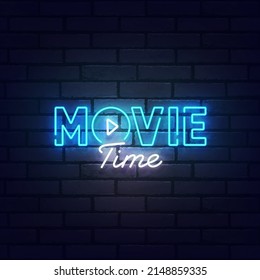 Movie neon sign, bright signboard, light banner. Movie Time logo neon, emblem. Vector illustration