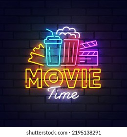 Movie neon sign, bright signboard, light banner. Movie Time logo neon, emblem. Vector illustration