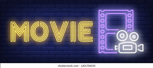 Movie neon sign. Film strip and camera on brick wall background. Vector illustration in neon style for video content or cinema