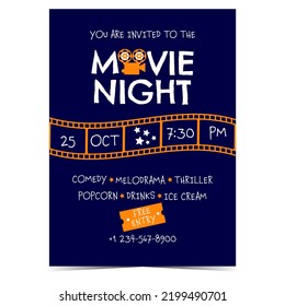 Movie night banner with cinematographic film strip and announcement of cinema event or festival. Vector illustration of movie night party invitation or promo affiche for web and social media posts.