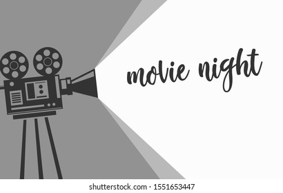 Movie night banner with vintage camera. Monochrome design. Vector illustration. 