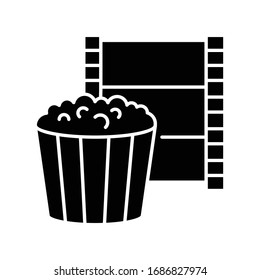 Movie night black glyph icon. Theater show evening. Watch film in cinema. Television and entertainment symbol. Snack for leisure. Silhouette symbol on white space. Vector isolated illustration