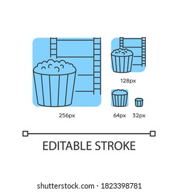 Movie night blue linear icons set. Theater show evening. Watch film in cinema. Popcorn in box. Thin line customizable 256, 128, 64 and 32 px vector illustrations. Contour symbols. Editable stroke