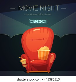 Movie night cartoon background with seat cola and popcorn vector illustration