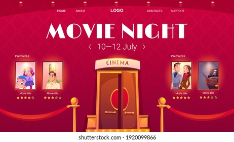 Movie Night Cartoon Landing Page, Invitation Advertisement To Cinema Festival, Show Entertainment Or Concert With Entrance To Hall And Film Posters On Red Wall With Glow Spotlights, Vector Web Banner