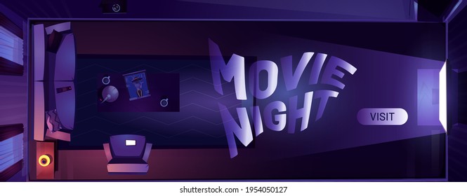 Movie night cartoon landing page, dark living room interior with tv and sofa top view at nighttime. Apartment with working television on wall, home entertainment, cinema amusement vector web banner