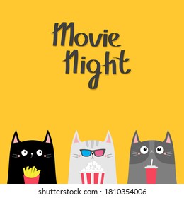 Movie night. Cat set. Popcorn, soda, french fries. Cinema theater. Cute cartoon funny character. Film show. Kitten in 3D glasses. Kids print for notebook cover. Yellow background. Flat design Vector