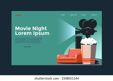 Movie night or Cinema night illustration.Vector for web landing page, app. Film festival banner, poster template