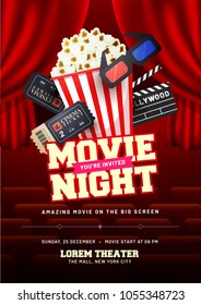 Movie night concept. Creative template for cinema poster, banner with ticket, 3D glasses, clapboard, therater curtains, and popcorn.