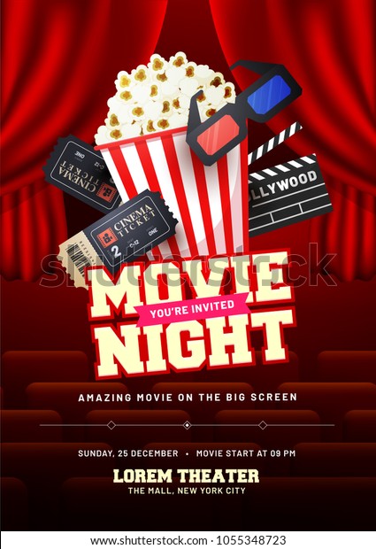 Movie night concept. Creative template for\
cinema poster, banner with ticket, 3D glasses, clapboard, therater\
curtains, and popcorn.