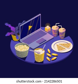Movie night concept with food and laptop, isometry vector illustration. Cozy romantic evening for two,  watching online tv show at home. Binge-watching with popcorn, ice cream, pizza and soda drink