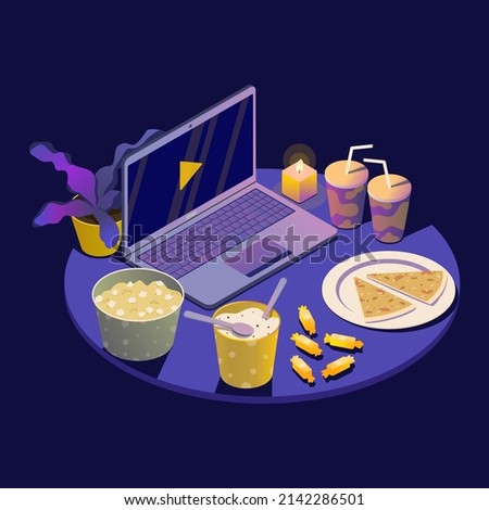 Movie night concept with food and laptop, isometry vector illustration. Cozy romantic evening for two,  watching online tv show at home. Binge-watching with popcorn, ice cream, pizza and soda drink Stock fotó © 