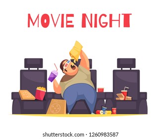 Movie night concept with gluttony and overeating symbols flat vector illustration