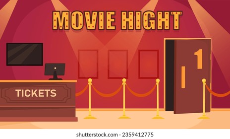 Movie night concept. Hall at cinema center. Entertainment and fun, leisure. Cash register with tickets near entrance. Cultural rest and recreation. Poster or banner. Cartoon flat vector illustration