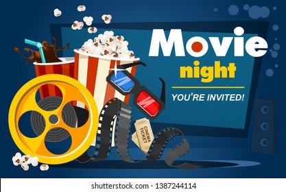 Movie night concept with popcorn, cinema tickets, drink, tape in cartoon style. Movie or cinema banner design. Vector movie promotional illustration