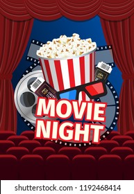 Movie night concept template for cinema poster with ticket, 3D glasses, clapboard, therater curtains, and popcorn vector