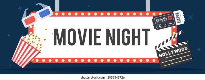 Movie night concept.Creative template for cinema poster, banner with ticket, 3D glasses, clapboard, and popcorn.