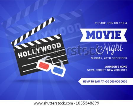 Movie night concept.Creative template for cinema poster, banner with 3D glasses, and clapboard.
