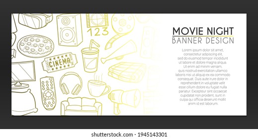 Movie Night Doodle. Film Background Hand drawn. Cinema Film Icons illustration. Vector Horizontal Design.