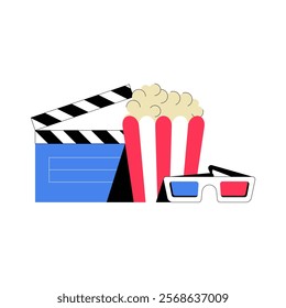 Movie Night Elements With Clapperboard, Popcorn, And 3D Glasses In Flat Vector Illustration Symbolizing Entertainment, Cinema, And Fun Activities, Isolated On White Background.