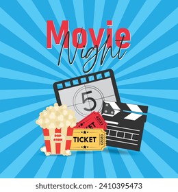 Movie night event poster with Cinema ticket,Clapperboard, popcorn, film strip, can be used for flyer, poster, banner, ad, and website background