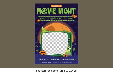 Movie Night Flyer. Creative flat blue, orange, purple cards. Creepy, scary, spooky night concept. Vector template