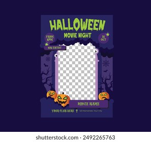 Movie Night Flyer.  Ghost, spider and spider net in a mystical forest before a black background for square banners, invitation, party flyers.