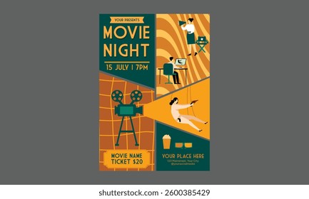 Movie Night Flyer. Template for invitation, cover, banner, poster, flyer. Vector illustration.