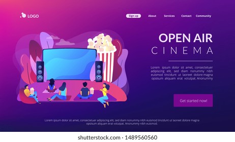 Movie night with friends. Watching film on big screen with sound system. Open air cinema, outdoor movie theater, backyard theater gear concept. Website homepage landing web page template.