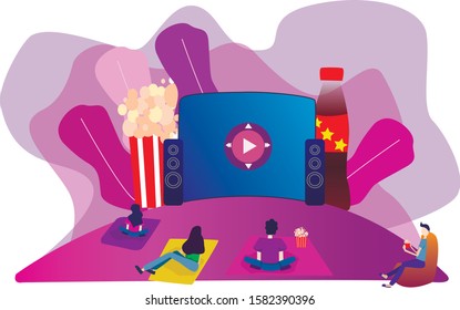 Movie night with friends. Watching film on big screen with sound system. Open air cinema, outdoor movie theater, backyard theater gear concept. Bright vector illustration. Easy to change.