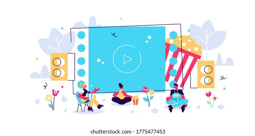 Movie night with friends. Watching film on big screen with sound system. Open air cinema, outdoor movie theater, backyard theater gear concept. Bright vibrant violet vector isolated illustration