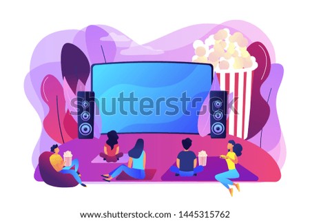 Movie night with friends. Watching film on big screen with sound system. Open air cinema, outdoor movie theater, backyard theater gear concept. Bright vibrant violet vector isolated illustration