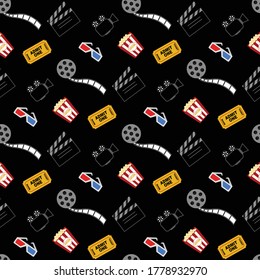Movie night Fun Essential Seamless pattern on black background. Popcorn 3dglasses movie ticket film movie roll