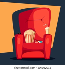 Movie night. Home cinema watching. Cartoon vector illustration. Red sofa. Web, banner and logo design. Popcorn, cola and 3d glasses. Vintage style. Food and drink