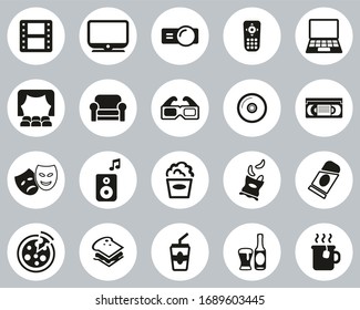 Movie Night At Home Icons Black & White Flat Design Circle Set Big