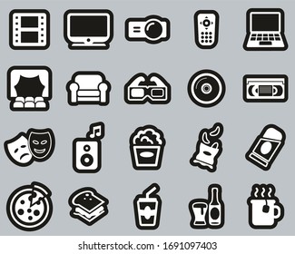 Movie Night At Home Icons White On Black Sticker Set Big