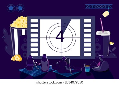 Movie Night At Home Outdoor Movie Theater Night With Friends Watching Film On Big Screen With Sound System Open Air Cinema Backyard Theater Gear Concept Vector Illustration