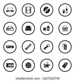 Movie Night Icons. Black Flat Design In Circle. Vector Illustration.