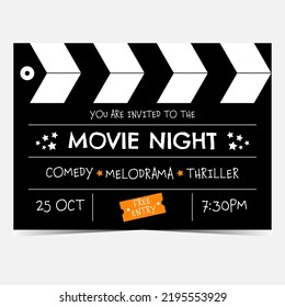 Movie night invitation banner in the form of clapperboard. Vector illustration of poster for movie night party, cinema festival, cinematographic event suitable for promo, advertisement, social posts.