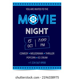 Movie night invitation card, advertisement banner, promo poster, announcement brochure, affiche, flyer or leaflet. Vector illustration for movie event, film festival party, cinema holidays.