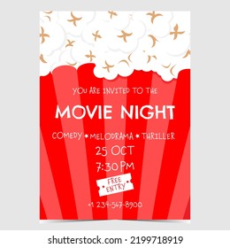 Movie night invitation card or advertisement banner with the red popcorn bucket in the background. Film or cinema festival promotional materials for web and social media posts. Vector illustration.