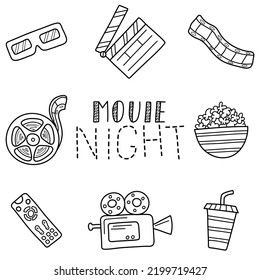 Movie night items. Set of abstract isolated design elements about cinema. Hand drawn vector black and white illustrations. Cartoon, doodle.