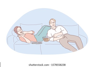 Movie night, media entertainment, indoor recreation concept. Happy couple watching TV together, cheerful girlfriend and boyfriend lying on sofa with popcorn, leisure activity. Simple flat vector