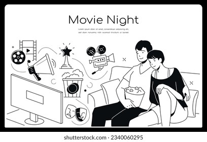 Movie night - modern line design style banner with copy space for text. Composition with couple sitting on sofa eating popcorn and watching movie at home. Romantic evening and cinema