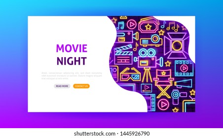 Movie Night Neon Landing Page. Vector Illustration of Cinema Promotion.
