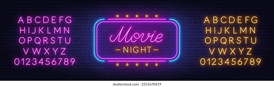 Movie Night Neon Sign on brick wall background. Light text announcement. Pink and yellow neon alphabet.