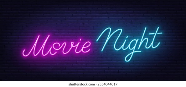 Movie Night Neon Sign on brick wall background