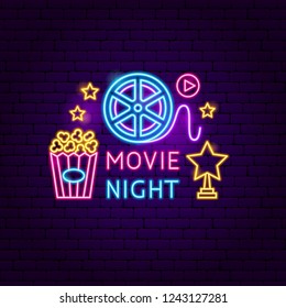 Movie Night Neon Sign. Vector Illustration of Cinema Promotion.