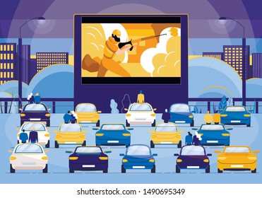 Movie Night Outdoor Flat Cartoon Vector Illustration. People Sitting In Cars And Watching Action Film On Big Screen. Open Air Cinema, Outside Movie Theater. Night City, Entertainment.
