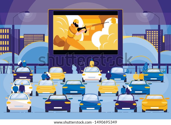 Movie
Night Outdoor Flat Cartoon Vector Illustration. People Sitting in
Cars and Watching Action Film on Big Screen. Open Air Cinema,
Outside Movie Theater. Night City,
Entertainment.